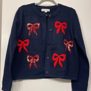 Threaded leaf, Navy Blue Kids Cardigan with Red Bow Accents size M